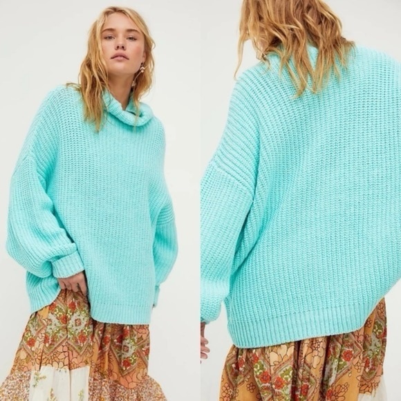 Free People Swim Too Deep Oversized Pullover turquoise sweater chunky turtleneck - Picture 1 of 9
